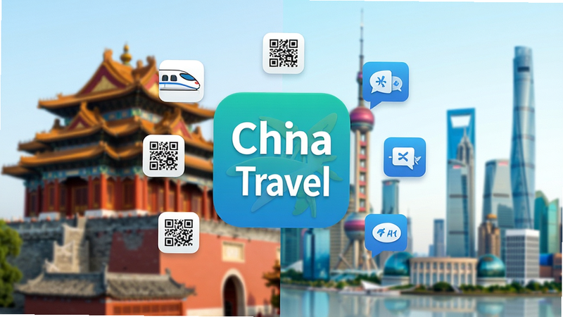 生成一张高清宣传图,主体为'China Travel'应用图标悬浮在中央,背景是模糊的北京故宫角楼和现代化上海陆家嘴天际线拼接,色调清新明亮,采用扁平化设计风格,图标周围环绕着高铁、支付二维码、翻译对话气泡等小型图标元素,布局对称平衡,排版简洁大气,风格现代科技感,细节清晰锐利,画质8k,干净,无多余元素