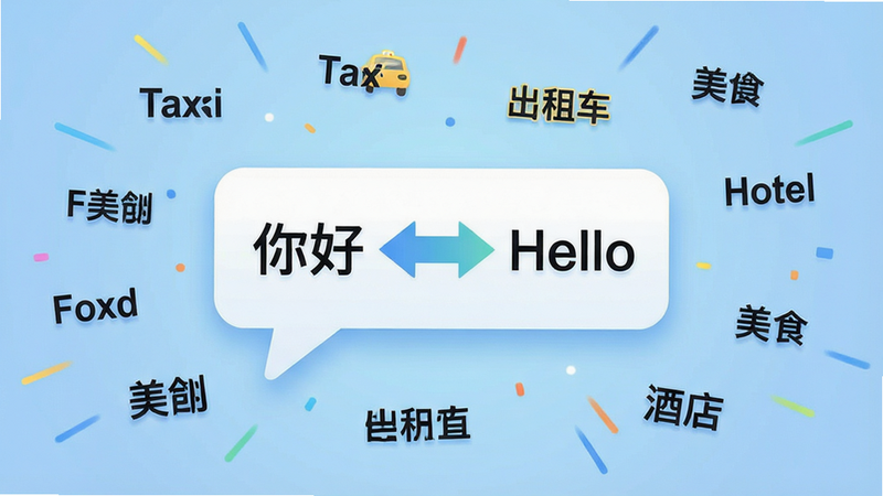生成一张翻译功能示意图,画面中心是一个对话气泡,气泡内显示中文'你好'和英文'Hello'的双向箭头转换,背景是柔和的蓝色渐变,周围漂浮着'Food'、'Taxi'、'Hotel'等英文标签和对应的中文标签'美食'、'出租车'、'酒店',布局散点式分布,排版富有动感,风格清新友好,细节展现文字清晰度,画质精致,干净,无多余元素