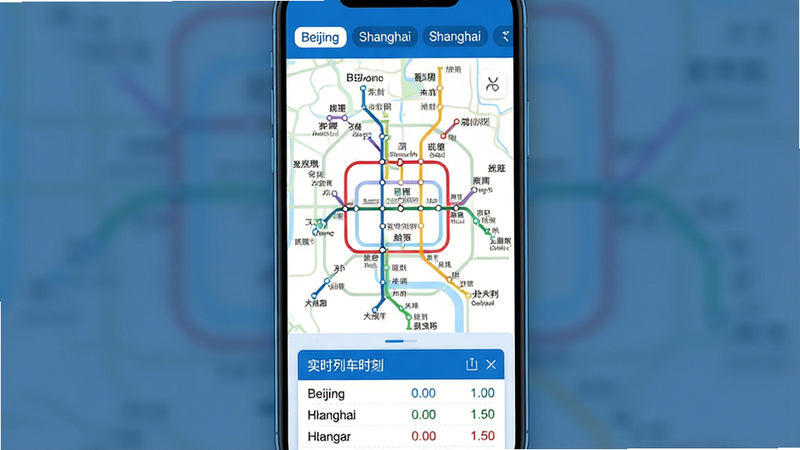 生成一张交通导航界面图,手机屏幕显示地铁线路图,线路以不同颜色区分,站点名称用中英文双语标注,上方有'Beijing'、'Shanghai'等城市名称标签,下方是实时列车时刻表卡片,布局纵向滚动风格,排版井然有序,风格科技蓝调,细节体现地图线条流畅度,画质清晰,干净,无多余元素