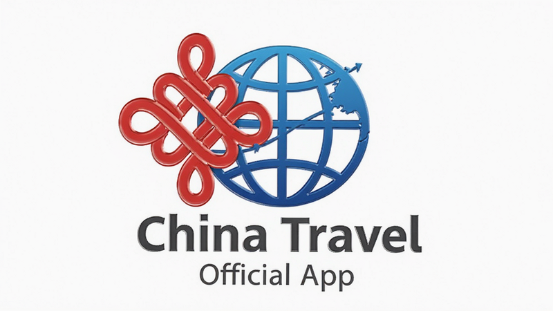 生成一张品牌标识展示图,背景为纯白色,中央是'China Travel'的Logo,Logo由一个红色的中国结元素和一个蓝色的地球仪组合而成,下方有灰色的'Official App'字样,布局居中对称,排版极简主义,风格专业正式,细节体现Logo的立体感,画质高清,干净,无多余元素