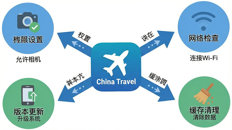 生成一张故障排查流程图,中心是'China Travel'应用图标,向四周发散出四个箭头,分别指向'权限设置'、'网络检查'、'缓存清理'、'版本更新'四个圆形图标,每个图标下有简短的文字说明如'允许相机'、'连接Wi-Fi'、'清除数据'、'升级系统',布局辐射状,排版清晰易读,风格扁平化教程风,细节标注箭头方向,画质清晰,干净,无多余元素