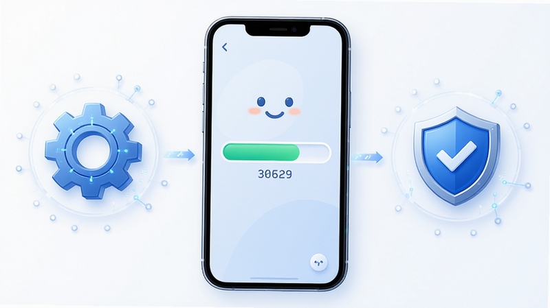 展示手机安装APP的流程示意图,主体是一个手机屏幕显示着进度条,旁边有齿轮和盾牌图标,布局简洁,排版直观,风格科技感与亲和力结合,细节清晰,画质高清,干净,无多余元素