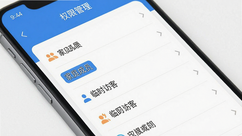 չʾ�ֻ�APP������Ȩ�޹����б��Ľ���ͼ���б��������ɼ�����������ͥ��Ա��������ʱ�ÿ͡��ȱ�ǩ����������ִ���࣬��ɫΪ��ɫ�����������������ֹ��������ΪUI���չʾ��ϸ�ھ��£������������ɾ����޶���Ԫ��