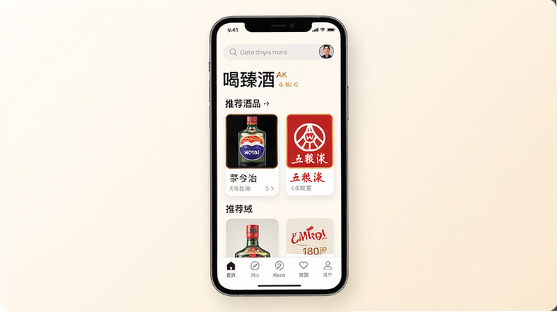 主体为一部现代智能手机,屏幕显示“喝臻酒”APP主界面,布局清晰分为顶部搜索栏、中部推荐酒品卡片(包含茅台、五粮液等品牌图标)、底部导航栏,排版整洁有序,风格采用极简商务风,细节处展示高清酒瓶摄影图与文字标签,画质4K超清,干净无多余元素,背景为柔和的米白色渐变