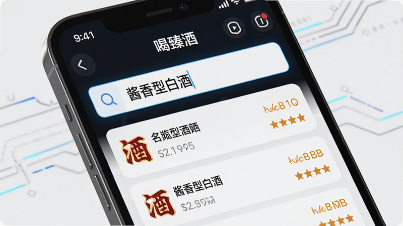 主体为手机屏幕特写,展示“喝臻酒”APP内的搜索界面,输入框内显示文字“酱香型白酒”,下方列表显示搜索结果,包含酒名、价格区间和评分,布局紧凑,排版清晰,风格为科技感UI设计,细节展示高对比度的文字与图标,画质高清,干净无多余元素