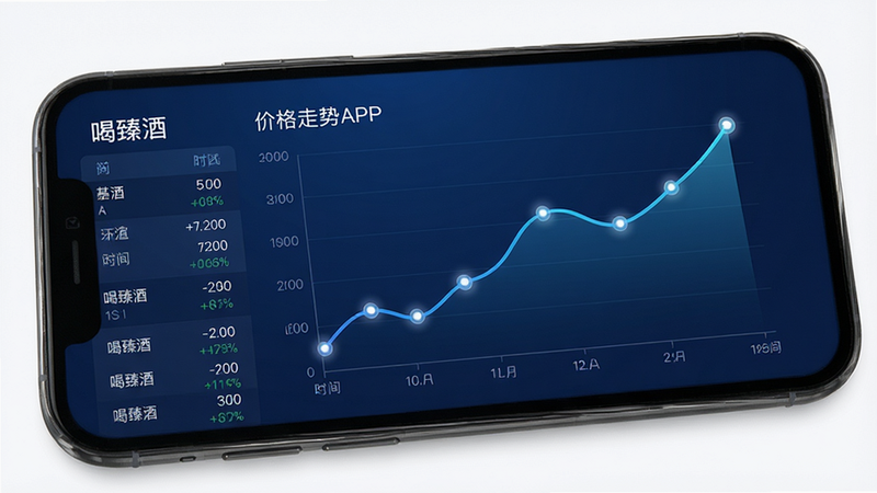 主体为手机屏幕上的折线图界面,显示“喝臻酒”APP的价格走势分析,X轴为时间,Y轴为价格,线条流畅上升,布局占据屏幕中央,排版左侧为数据列表,风格为深蓝色商务背景,细节展示数据节点的光泽感,画质高清,干净无多余元素