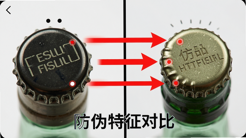 主体为手机屏幕分屏显示,左侧为正品酒瓶盖特写,右侧为仿品酒瓶盖特写,中间用红色箭头标注差异点,布局对称,排版下方有文字说明“防伪特征对比”,风格为科普教育风,细节展示微距摄影质感,画质高清,干净无多余元素