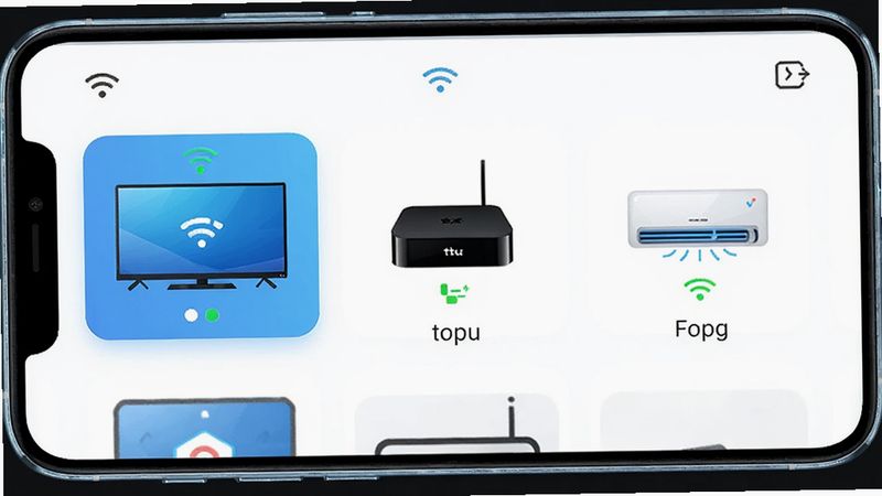 万能电视遥控器王APP的多设备控制界面截图,显示电视、机顶盒、空调图标并列,主体为手机屏幕,布局横向排列,排版清晰,风格科技感,细节显示信号连接状态,高清画质,干净无多余元素