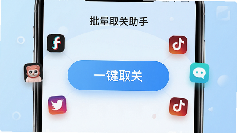 一张高清手机应用界面展示图,主体为“批量取关助手”APP的主界面,背景为干净的浅蓝色渐变,中央显示一个醒目的“一键取关”大按钮,周围环绕着几个社交媒体图标,整体风格现代、简约、科技感强,无多余文字,高清4k画质