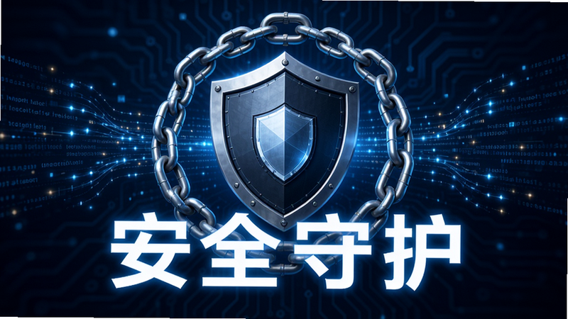 盾牌形状的图标位于中心,周围环绕着锁链和数据流线条,象征安全保护,背景为深蓝色科技风,文字“安全守护”以白色发光字体显示,构图平衡,细节精致,高清渲染
