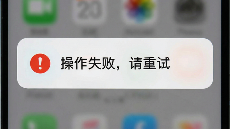 手机屏幕显示错误提示对话框,内容为“操作失败,请重试”,旁边有一个红色的感叹号图标,背景为灰色,模拟真实报错场景,风格简洁,清晰可见,无其他干扰元素