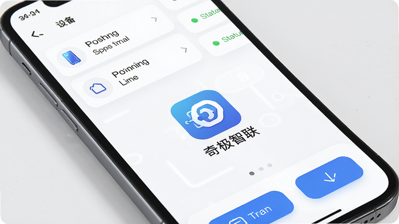 主体为一部现代智能手机,屏幕中央显示“奇极智联”应用图标,背景为极简白色,界面包含设备列表、状态指示灯及快捷操作按钮,布局整洁,排版清晰,风格扁平化,细节精致,画质高清,干净,无多余元素