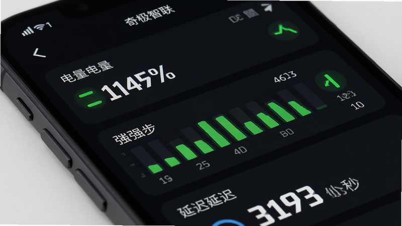 主体为手机屏幕特写,显示“奇极智联”内的数据仪表盘,包含电量百分比、信号强度柱状图及延迟毫秒数,布局为上下结构,排版紧凑,风格深色模式,细节展示绿色正常状态指示灯,画质高清,干净,无多余元素