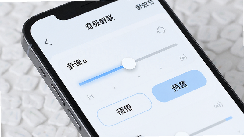 主体为手机屏幕,显示“奇极智联”内的音效调节界面,包含滑块条和预设按钮,布局为列表式,排版整齐,风格浅色背景,细节展示滑块高亮效果,画质高清,干净,无多余元素
