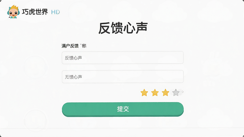 主体是《巧虎缤纷世界HD》的用户反馈界面示意图,布局为简洁的表单样式,包含输入框和提交按钮,排版清晰,风格为极简UI设计,细节包含客服图标和满意度评分星级,画质高清,干净无杂物,文字“反馈心声”居中显示