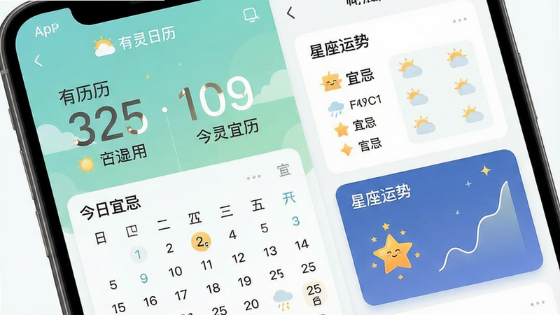 主体为有灵日历APP的手机屏幕界面,布局采用左右分栏结构,左侧显示大号公历日期与农历日期,右侧展示今日宜忌与星座运势卡片,排版整洁有序,风格为清新简约的扁平化设计,细节处包含日历网格与天气图标,画质高清8K,干净无多余元素,文字内容包含“有灵日历”、“今日宜忌”、“星座运势”
