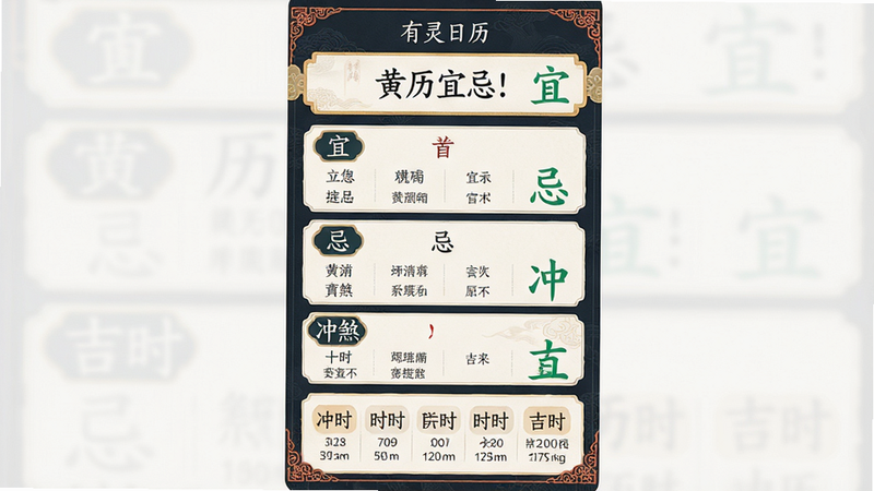 主体为有灵日历的黄历功能界面,布局为垂直卡片流,顶部显示日期,中部列出“宜”、“忌”、“冲煞”列表,底部展示吉时时间段,排版清晰分明,风格为典雅中式与现代UI结合,细节包含传统纹样边框与绿色宜字标识,画质超清,干净无杂点,文字包含“有灵日历”、“黄历宜忌”、“吉时”