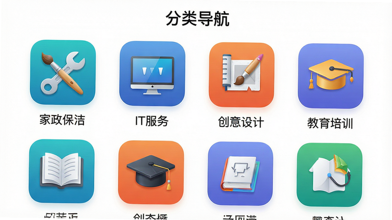 主体为百工集APP的分类导航界面,布局展示“家政保洁”、“IT服务”、“创意设计”、“教育培训”等图标网格,图标设计精美且具辨识度。风格为现代图标设计风,细节包含每个分类下的代表元素,如扳手、画笔、书本等,画质高清,干净无多余元素,文字“分类导航”清晰可见