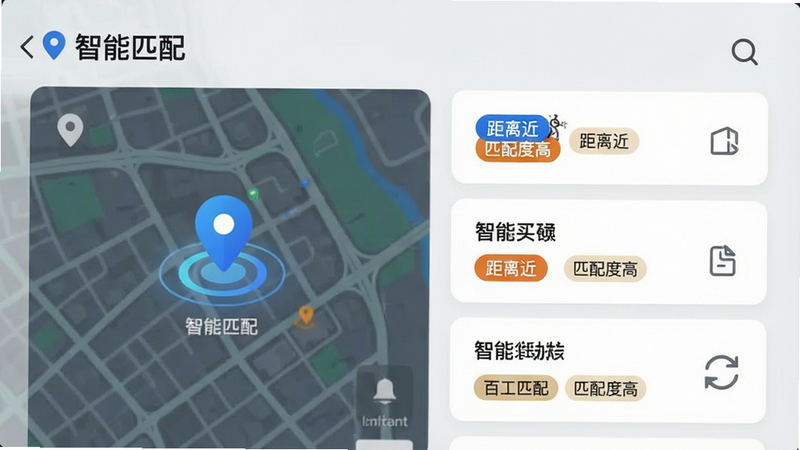 主体展示百工集APP的智能匹配界面,布局为左侧地图定位标记,右侧任务列表卡片,卡片上高亮显示“距离近”、“匹配度高”标签。风格为简洁UI设计,细节包含动态定位图标与刷新动画效果,画质细腻,干净无多余元素,文字“智能匹配”清晰可见