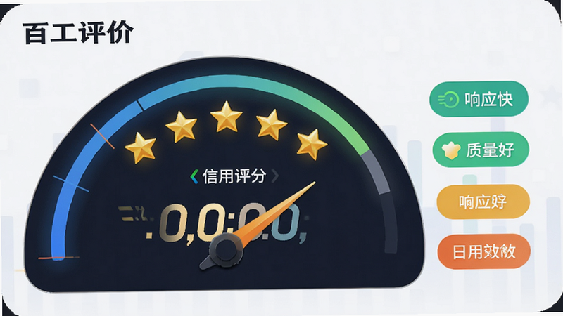 主体展示百工集APP的信用评分仪表盘,布局为半圆形进度条与星级评价展示区,旁边列出“响应快”、“质量好”等标签。风格为数据可视化图表风,细节包含五颗金色星星与动态评分数字,画质清晰,干净无多余元素,文字“信用评价”清晰可见