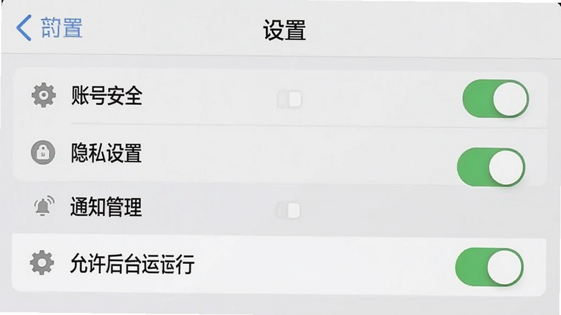 主体为百工集APP的设置界面预览,布局展示“账号安全”、“隐私设置”、“通知管理”等选项列表,高亮显示“允许后台运行”开关。风格为简洁系统UI风格,细节包含齿轮图标与开关状态指示,画质清晰,干净无多余元素,文字“设置”清晰可见