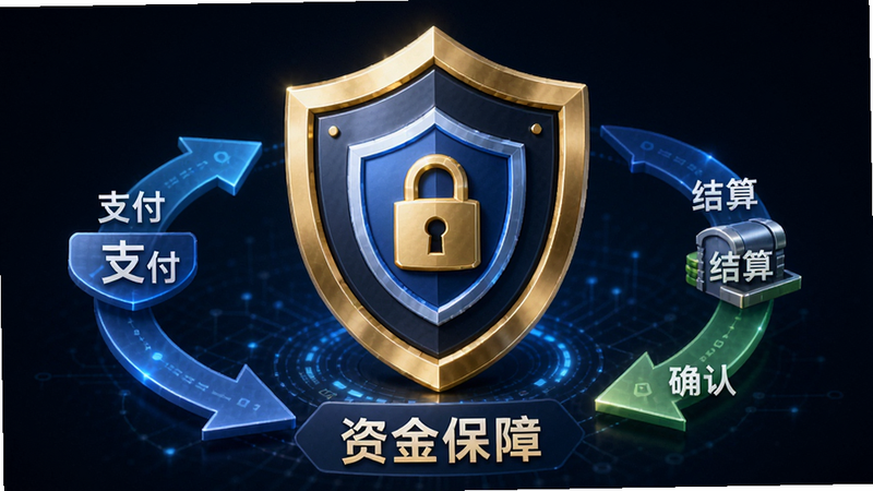 主体为百工集APP的资金安全盾牌图标与交易流程图,布局中心为金色盾牌,周围环绕“支付”、“确认”、“结算”三个步骤箭头。风格为金融科技感,细节包含锁形图标与银行级安全标识,画质高清,干净无多余元素,文字“资金保障”清晰可见