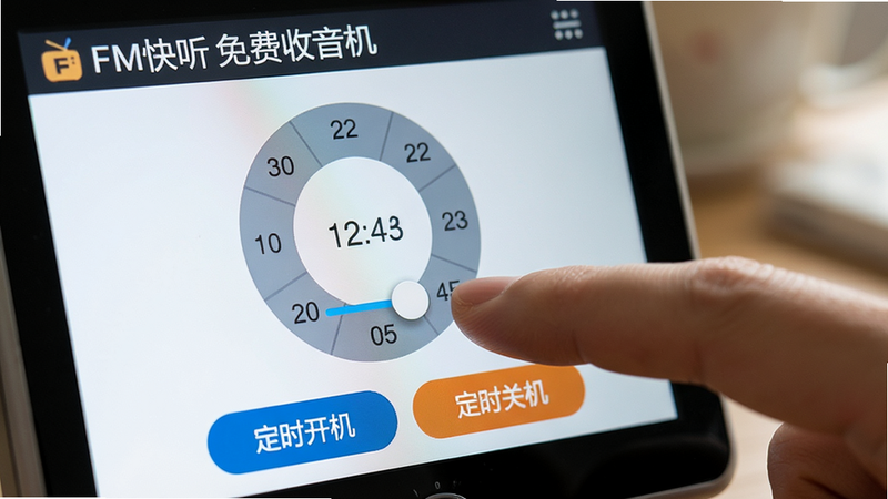 “FM快听免费收音机”定时设置功能的特写图,屏幕显示一个圆形的时间选择器,手指正在拖动滑块设定时间,界面下方有“定时开机”和“定时关机”的高亮按钮,背景虚化,突出操作细节,风格写实,光线柔和,画质细腻,无其他干扰元素