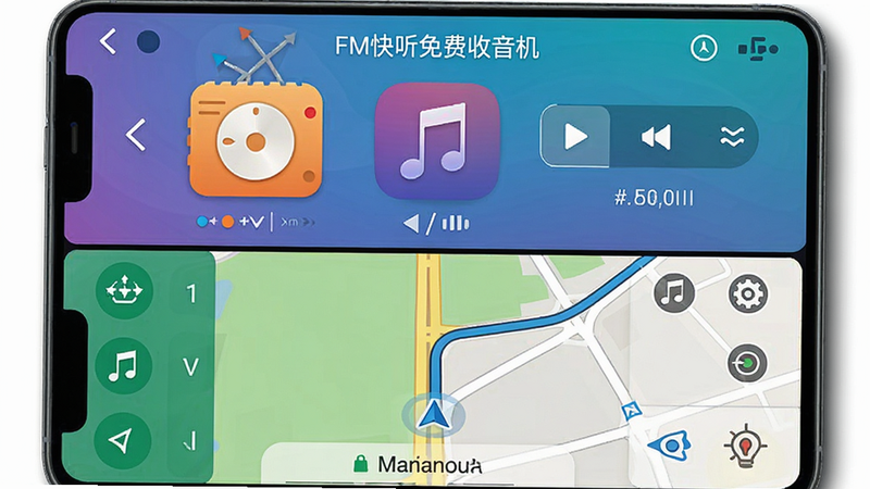 手机分屏模式示意图,上半部分是“FM快听免费收音机”正在播放音乐的界面,下半部分是地图导航界面,两者互不干扰,屏幕边缘有轻微阴影增加立体感,布局合理,色彩对比鲜明,细节清晰,画质高,无多余装饰