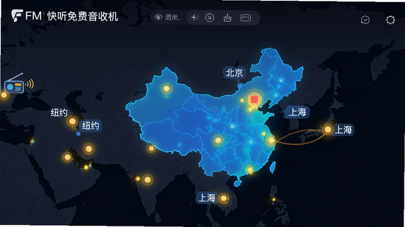 展示“FM快听免费收音机”全球电台搜索界面的概念图,地图上标记了多个发光的城市节点,中心聚焦于中国地图,周围环绕着“北京”、“上海”、“纽约”等标签,风格现代简约,色彩明快,细节丰富,画质清晰,无杂乱背景