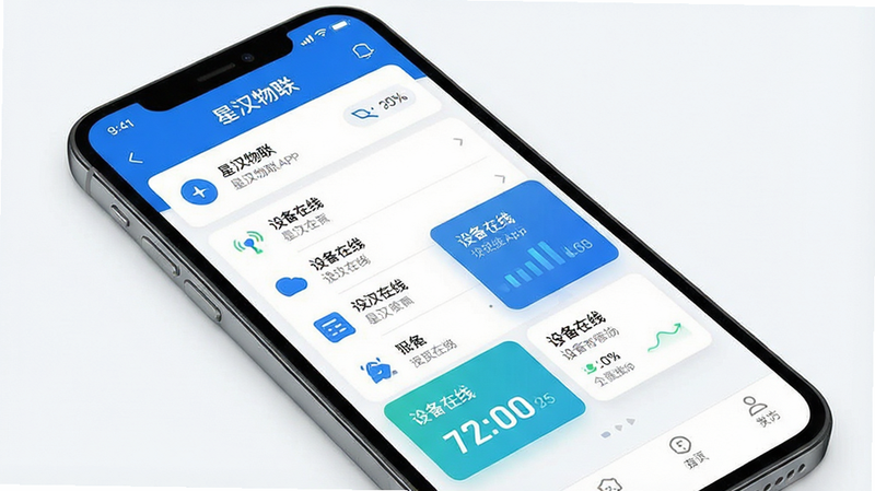 一张展示星汉物联APP核心界面的高质量UI设计图,主体为手机屏幕,显示设备列表和实时状态卡片,布局清晰,排版简洁,风格现代科技感,细节包含蓝色主题色、白色背景、清晰的图标和文字,文字内容为
