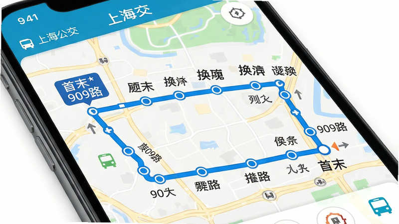 ����Ϊ�ֻ���ͼ���棬��ʾ���Ϻ�������APP��909·����������·�켣������Ϊ��ͼ����������ɫ��·����վ��ͼ�꣬�Ű�ͻ����ĩվ���м��վ���������ֱ�ۣ�ϸ�ڰ���վ�����Ʊ�ǩ�뻻�˼�ͷָʾ�����ʸ��壬�ɾ��������ҵ�·��Ϣ��������ʾ��909·��