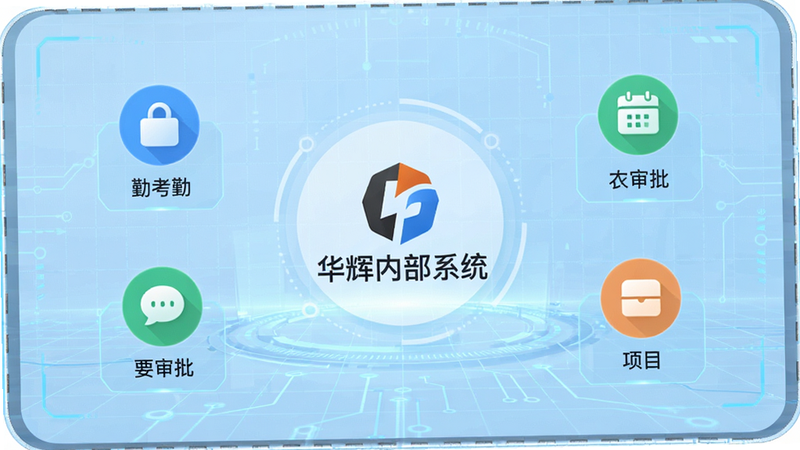 华辉内部系统安卓版主界面全景图,中心展示“华辉内部系统”Logo,周围环绕考勤、审批、消息、项目四个核心功能图标,背景为浅蓝色科技网格,布局居中对称,扁平化设计风格,高清细节,无多余装饰
