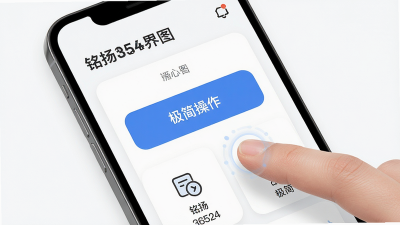 铭扬36524极简界面示意图,主体为手机UI卡片,布局疏朗有序,排版突出大按钮与图标,风格为扁平化设计,细节展示手指触控点,画质明亮,背景纯净,文字