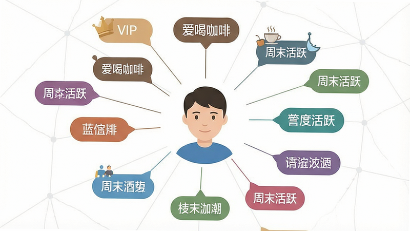 һ����Ϣͼ��չʾһ������ͷ����Χ�ֲ��Ŷ����ɫ��ǩ���ݣ��硰VIP���������ȿ��ȡ�������ĩ��Ծ���ȣ���ǩͨ��ϸ�����ӣ��γ���״�ṹ������Ϊ��ɫ��������¼�Լ��ǿ�����ݿ��ӻ��͸��Ի�������ɾ���ϸ�ڷḻ�����廭�ʡ�