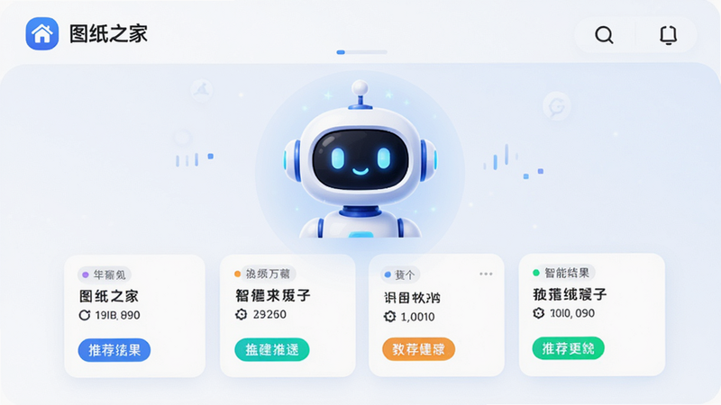 主体为“图纸之家”APP的智能推荐页面,界面中央显示一个智能机器人图标与推荐结果卡片,布局现代化,排版清晰,风格未来感与亲和力并存,细节展示推荐标签,画质明亮,干净无干扰元素