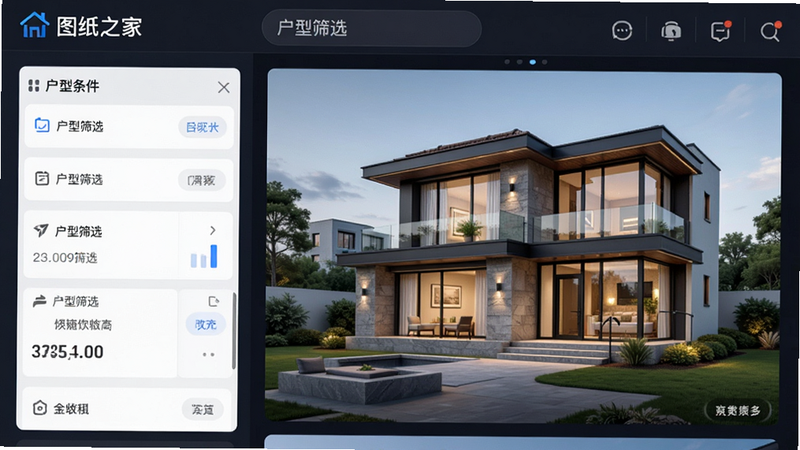 主体为“图纸之家”APP内的“户型筛选”功能界面,左侧为筛选条件列表,右侧展示对应的别墅外观图,布局对称工整,排版紧凑有序,风格科技感与建筑感结合,细节清晰,画质锐利,干净无杂乱元素