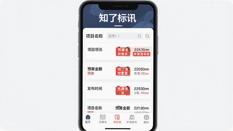 主体为知了标讯APP界面展示,布局清晰,顶部显示“知了标讯”标题,中间为项目列表,包含项目名称、预算金额、发布时间,底部为导航栏,风格为扁平化商务风,细节处有红色高亮标记重点信息,画质高清,干净,无多余元素