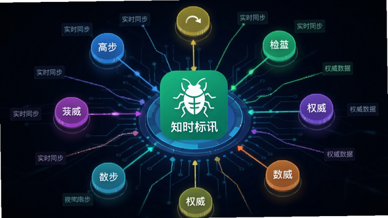 数据流可视化概念图,主体为知了标讯应用图标,周围环绕着不同颜色的数据节点和连接线,布局呈放射状,风格科技感强,细节处有“实时同步”、“权威数据”字样,画质清晰,干净,无多余元素