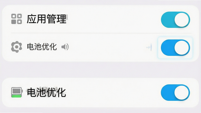 手机设置界面示意图,主体为“应用管理”和“电池优化”选项,布局为垂直列表,风格系统原生UI,细节处有开关按钮高亮显示,画质清晰,干净,无多余元素