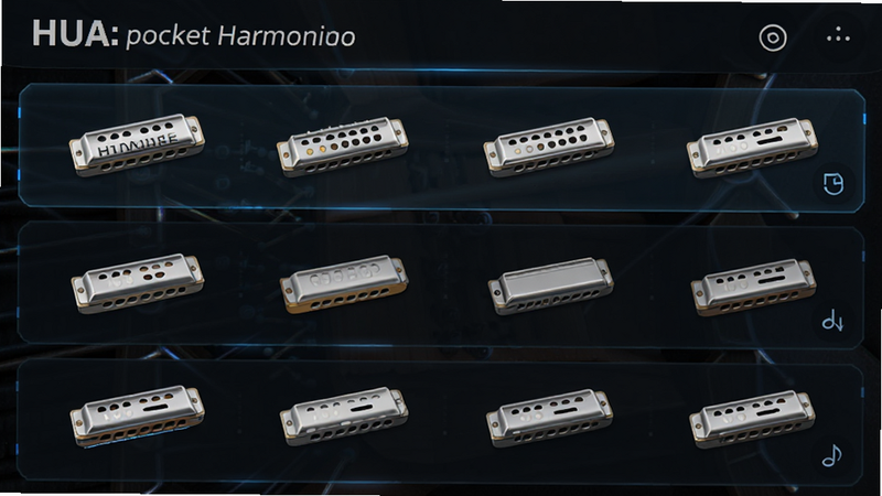主体为HUA: pocket harmonica的音源选择界面,布局为列表形式,排版整齐,风格科技感,细节显示不同调性的口琴图标,画质清晰,干净无杂乱背景