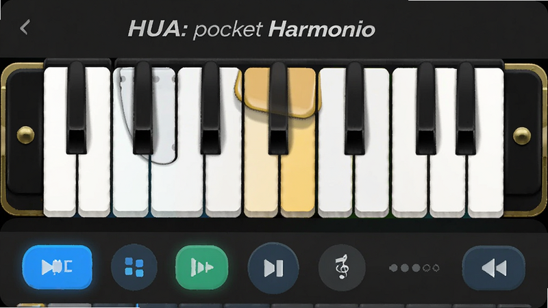 主体为HUA: pocket harmonica应用界面,布局清晰,顶部显示软件名称,中间是简化的口琴键盘区域,底部是控制面板,风格为现代极简主义,细节包含高亮的按钮和柔和的阴影,画质高清,干净无多余元素