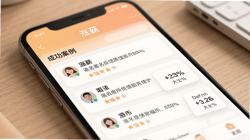 手机应用界面,显示“涨薪”App的“成功案例”页面,列出用户匿名反馈和涨幅百分比,界面设计温馨专业,色调柔和,细节清晰,高清画质,无水印