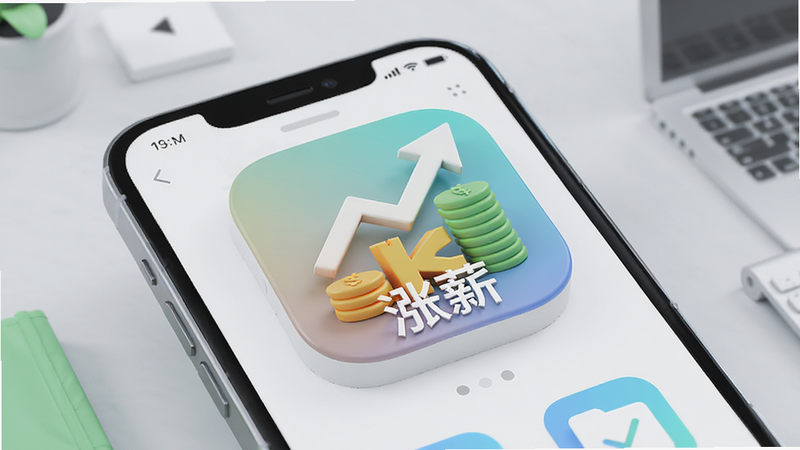 一张展示手机应用界面的3D渲染图,主体为名为“涨薪”的应用图标,背景为简洁的办公桌面风格,色调清新现代,图标设计体现增长与薪资概念,细节精致,画质高清,干净无多余元素