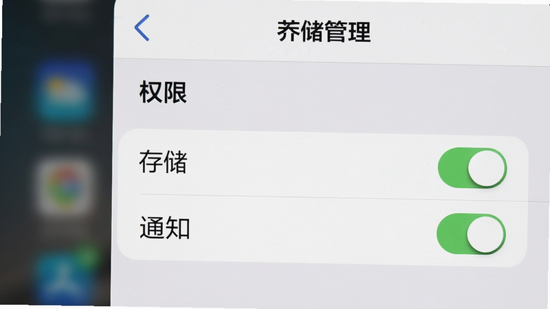 手机设置界面截图风格,显示“应用管理”中的“权限”设置页面,高亮显示“存储”和“通知”权限开关,背景模糊处理,体现专业指导感,高清,简洁,无杂乱文字