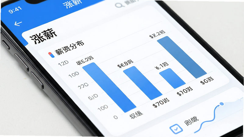 手机应用界面特写,显示“涨薪”App内的薪资对比图表页面,柱状图清晰展示不同职级的薪资分布,界面UI现代简约,配色以蓝白为主,字体清晰,细节丰富,高清画质,无水印