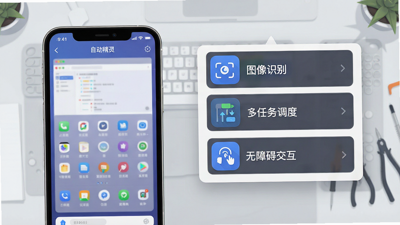 一张展示软件功能界面的概念图,左侧为手机屏幕显示