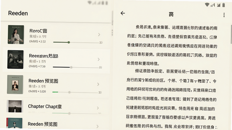 主体为 Reeden 安卓应用界面展示,左侧是简洁的书单列表,右侧是正在阅读的小说页面,背景为柔和的米白色,字体清晰,布局左右分栏,排版极简主义,风格清新自然,细节处显示章节进度条,画质高清,干净,无多余元素,