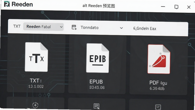 展示 Reeden 软件内部的文件管理界面,列出了 TXT、EPUB、PDF 三种文件图标,界面扁平化设计,色彩以深灰与白色为主,布局整齐有序,风格现代科技,细节显示文件名称与大小,画质清晰,干净,无多余元素,