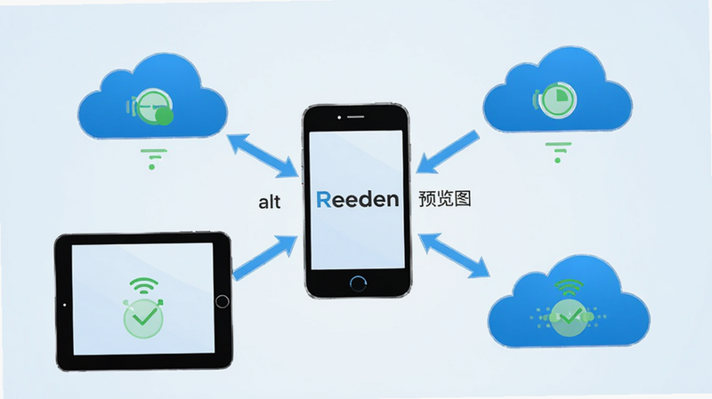 Reeden 软件的数据同步示意图,中间是手机图标,周围环绕着云图标和平板图标,箭头表示数据流动,背景为淡蓝色渐变,布局中心辐射状,风格科技感,细节显示同步状态图标,画质清晰,干净,无多余元素,