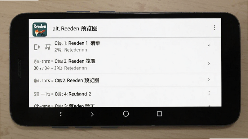 展示 Reeden 安卓版在 Android 手机屏幕上的运行截图,界面清爽,底部有导航栏,顶部显示书名,背景为白色,布局标准 Android UI 风格,细节显示章节列表,画质清晰,干净,无多余元素,